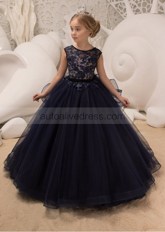 Navy Blue Lace V Back Beaded Floor Length Flower Girl Dress